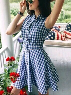 Kiel James Patrick | Gingham Fit & Flare Sleeveless Picnic Dress Blue Size Small